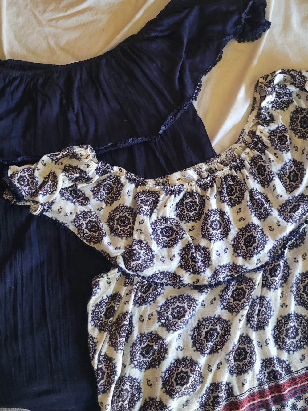 Navy Off-Shoulder Blouse & White Patterned Off-Shoulder Top